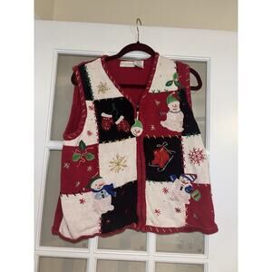 White Stag Ugly Christmas Sweater Vest Full Zip Embellished Knit XL
